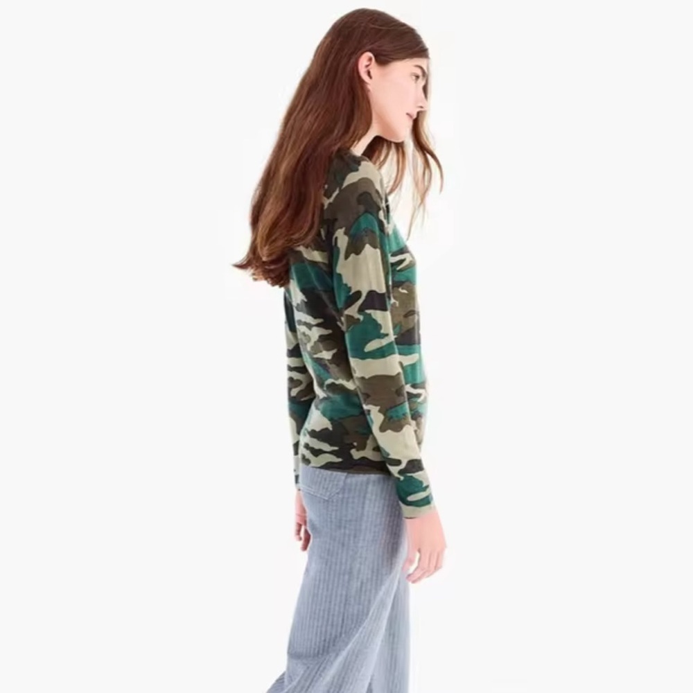 J. Crew Merino Wool Crew Neck Light Sweater in Green Brown Camo Sz. Medium - Picture 6 of 15